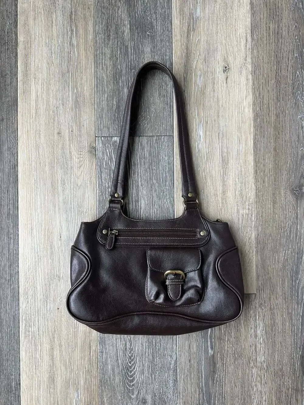 Y2K Brown Leather Utility Shoulder Bag Multi Pocket Cargo Purse & Wallet